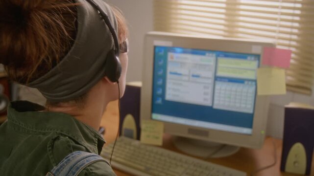 Young adult Caucasian woman putting on headset and looking at retro CRT computer monitor. Clip is ideal for retro technology documentaries or nostalgia marketing campaigns