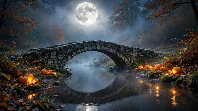 Magical Halloween night with full moon over old stone bridge
