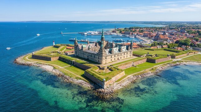 Aerial view of Kronborg castle with ramparts and ravelin guarding the Oresund and Baltic Sea entrance.