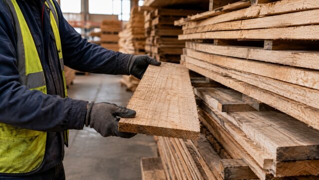 Warehouse worker pulling a raw timber board from a stacked shipment for incoming inspection. Lumber receiving, construction supply, inventory control and material quality concept.