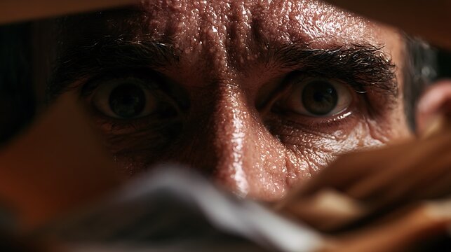 Prompt: A gritty, cinematic macro portrait of an exhausted male office clerk late at night. His face is drenched in sweat, deep dark circles under his sunken eyes, skin showing raw, stressed 