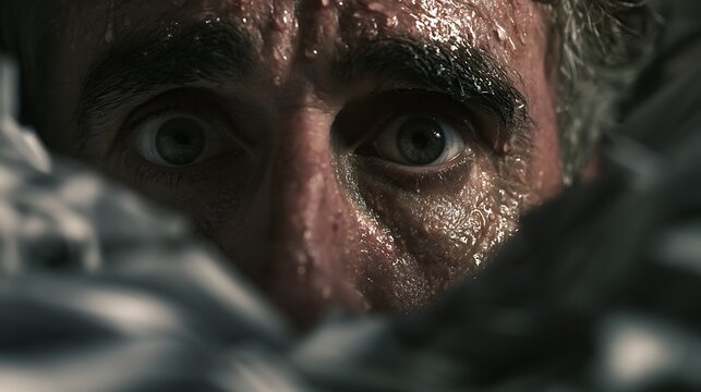 Prompt: A gritty, cinematic macro portrait of an exhausted male office clerk late at night. His face is drenched in sweat, deep dark circles under his sunken eyes, skin showing raw, stressed 