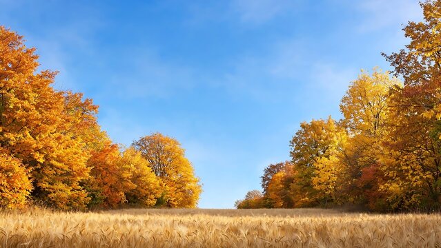 Golden wheat field bordered by vibrant autumn trees under a bright blue sky