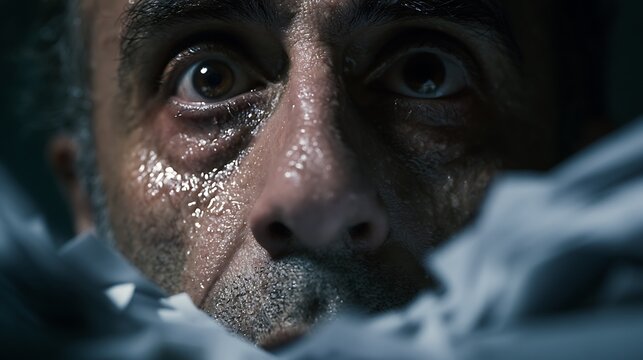 Prompt: A gritty, cinematic macro portrait of an exhausted male office clerk late at night. His face is drenched in sweat, deep dark circles under his sunken eyes, skin showing raw, stressed 