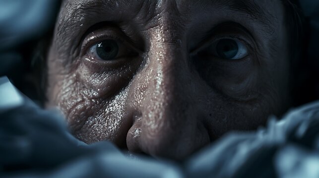 Prompt: A gritty, cinematic macro portrait of an exhausted male office clerk late at night. His face is drenched in sweat, deep dark circles under his sunken eyes, skin showing raw, stressed 