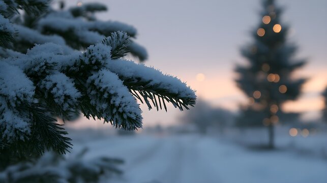 Snow-covered pine branch close-up