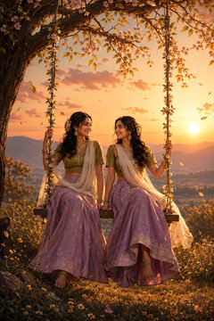 Two cheerful women in lavender festive outfits share flower decorated swing at sunset celebrating happy hariyali teej and kajari teej above hills
