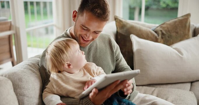 Tablet, smile and father with baby on sofa in home with educational game for cognitive development. Digital technology, family and man with toddler in living room for online gaming, bonding or growth