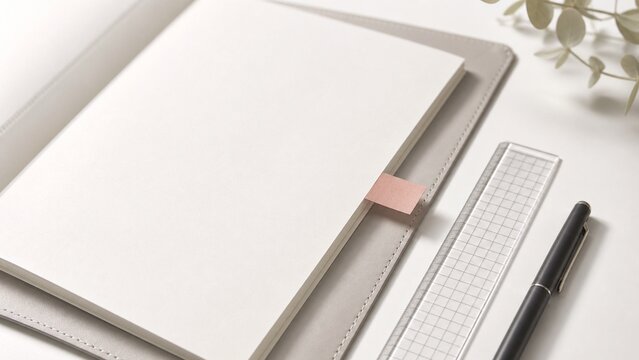 定規とペンを添えた白紙の契約書テンプレートの俯瞰