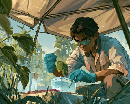 Scientist examines plant under sheltered canopy