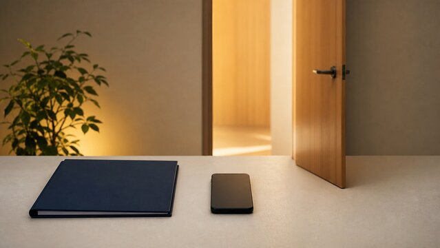 開いた扉の近くに資料ファイルとスマートフォンを置く机