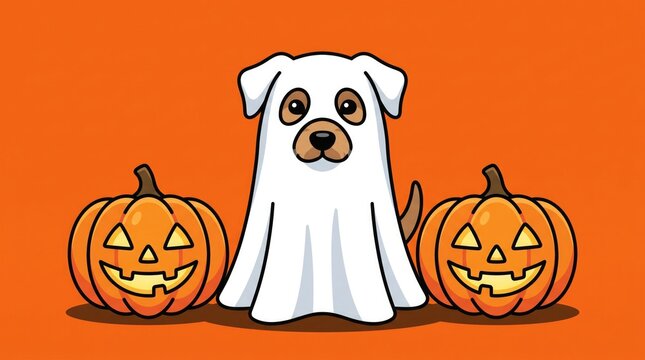 Cute cartoon dog wearing a white ghost costume standing between two smiling jack o lantern pumpkins for halloween