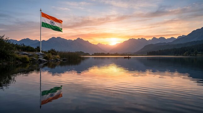 Indian Flag Reflected in Calm Lake at Sunrise