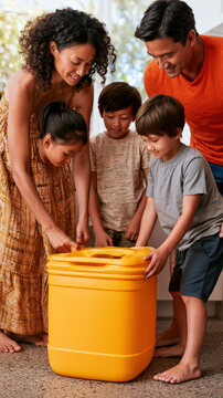Family gathers around bright yellow bucket