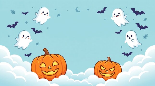 Cute cartoon halloween background featuring friendly ghosts and jack o lantern pumpkins flying among fluffy white clouds and bats