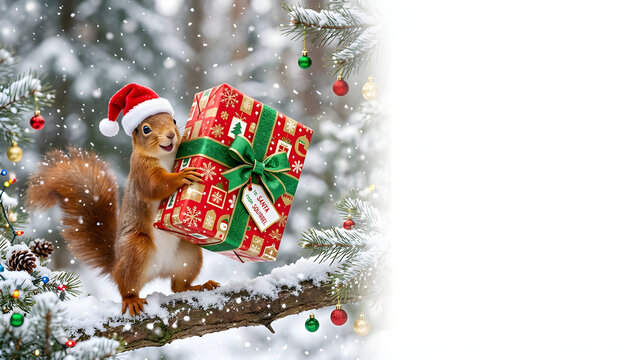 Funny fluffy squirrel carrying a huge wrapped Christmas present almost bigger than itself, surprised happy expression, red Santa hat, scattered snowflakes and tiny ornaments, positioned on the left