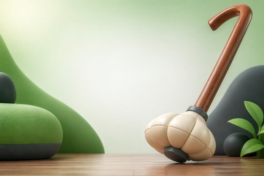 Elegant Walking Cane in Minimalist 3D Scene with Green Background