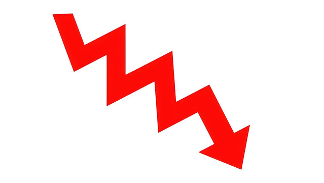 Red zigzag arrow pointing down showing decline isolated on transparent background