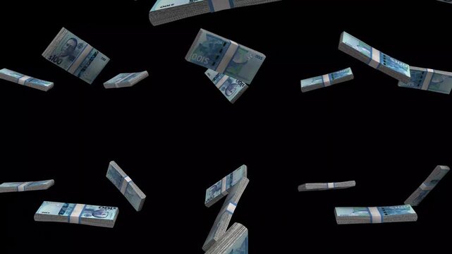 Belize Money, Belize Dollar Banknotes Falling On Black Background, BZD Currency Stacks Dark Cinematic, 4K