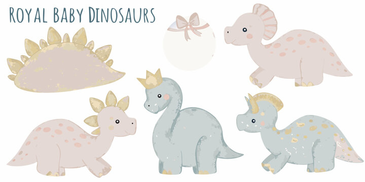 royal baby dinosaurs in pastel colors theme dinosaur egg triceratops stegosaurus brontosaurus vector