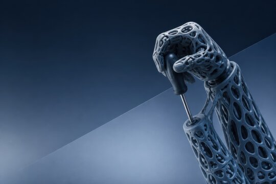 Futuristic Robotic Hand Holding Screwdriver in Blue 3D Render