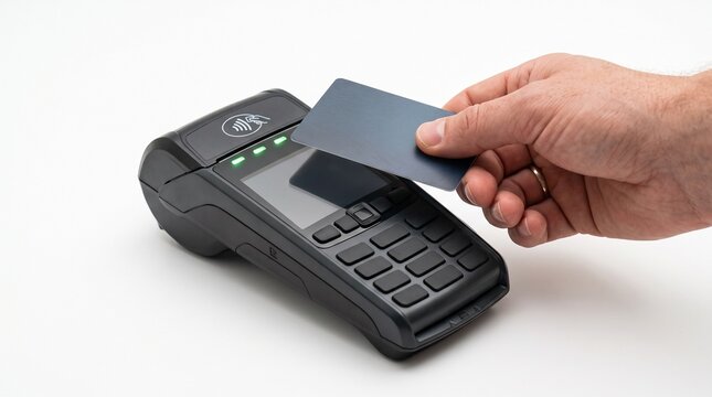 Customer holding a blank credit card to pay at a contactless payment terminal