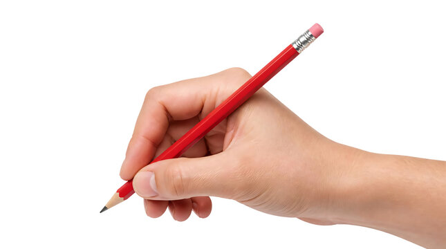 A hand holding pencil isolated on transparent background.