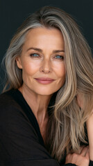 Fototapeta premium glowing mature woman portrait with elegant natural beauty, cinematic headshot of confident middle aged woman with radiant skin, timeless elegant female beauty portrait with soft light 