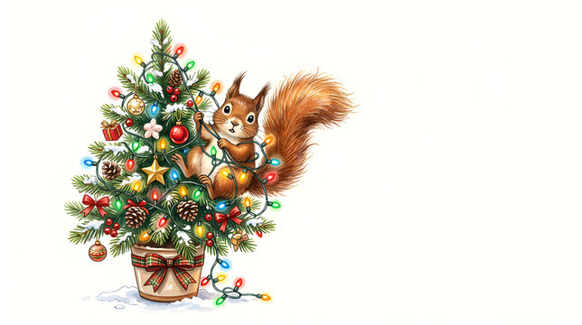 Playful squirrel climbing a small Christmas tree, tangled in colorful lights with a funny confused face, fluffy tail sticking out, festive illustration on white background with empty space for text.