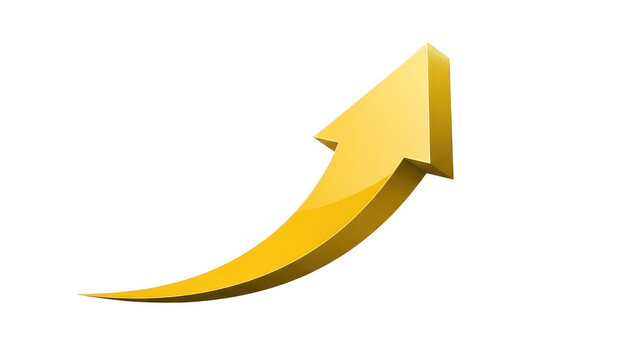 Shiny yellow 3d arrow pointing up for business growth isolated on transparent background