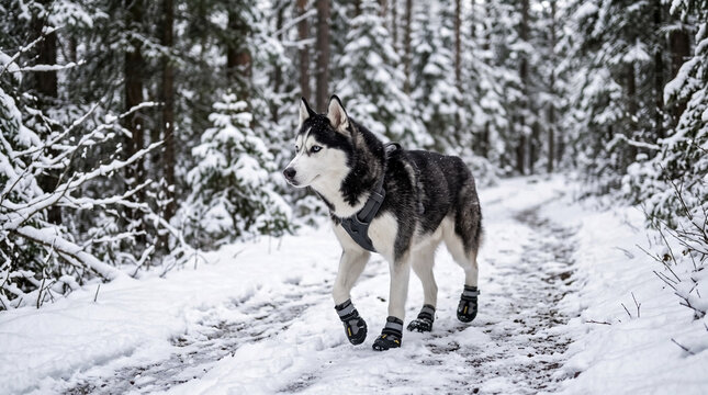 Siberian Husky dog wearing protective hiking boots and a harness walking on a snowy forest path. Purebred canine exploring winter nature trail. Active pet lifestyle concept