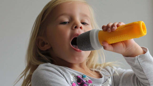 Child singing karaoke with toy mic