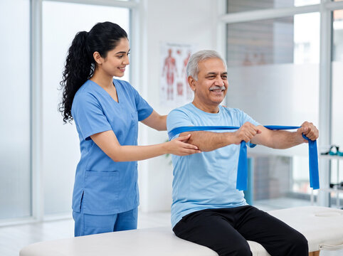 indian physiotherapist assisting senior man with seated bilateral chest press rehabilitation exercise using flat resistance band in modern physiotherapy clinic