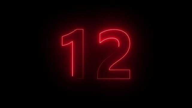 Glowing red neon number twelve countdown motion graphic a displayed against a deep black background for a sequence or numeric display digit background light timer count