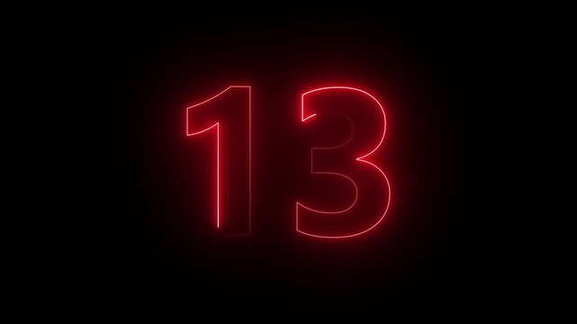 Red neon number thirteen countdown display a sleek character centered on a dark background, ideal for timers or digital presentations glowing digit background light timer