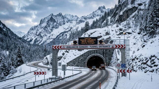 Majestic Mountain Tunnel Amidst Winter Avalanche Warnings