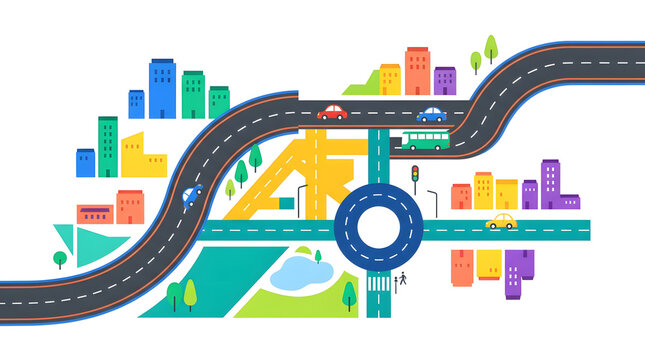 Flat Vector City Map with Road Traffic Plans Roundabout and Colorful Urban Buildings