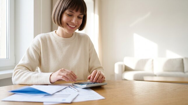 Smiling young woman using calculator for mortgage tax planning at home desk. Happy female managing personal finance budget, checking banking savings account, loan payment documents.