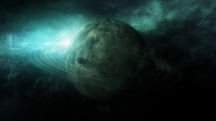Mysterious Ringed Planet Orbiting in Deep Green Galaxy © adison
