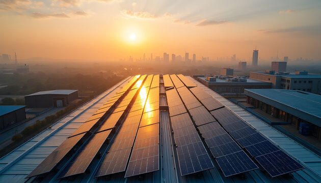 Solar energy panels installed on industrial rooftop overlooking distant city skyline at golden hour photorealistic raw image	