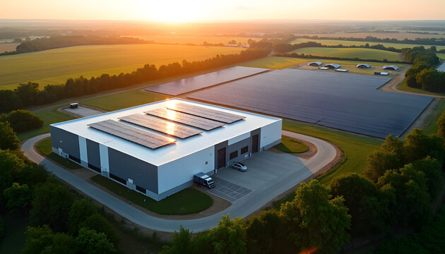 Aerial view industrial warehouse facility featuring rooftop solar panels during golden hour sunset photorealistic raw image	