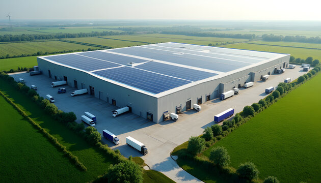 Aerial view of large industrial warehouse facility with perspective sprawling industrial photorealistic raw image	