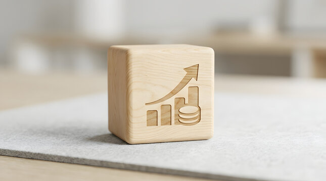 Financial growth and investment concept featuring a wooden block with a rising graph and coins engraving