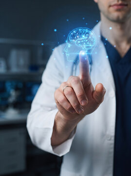 Medical doctor touch hologram brain stroke risk factors neuro diagnosis