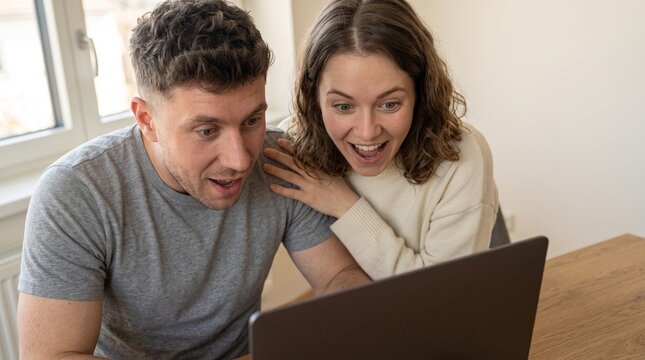 Excited young couple looking at laptop celebrating online mortgage approval tax refund success online banking loan notification financial freedom modern home room digital computer screen victory.