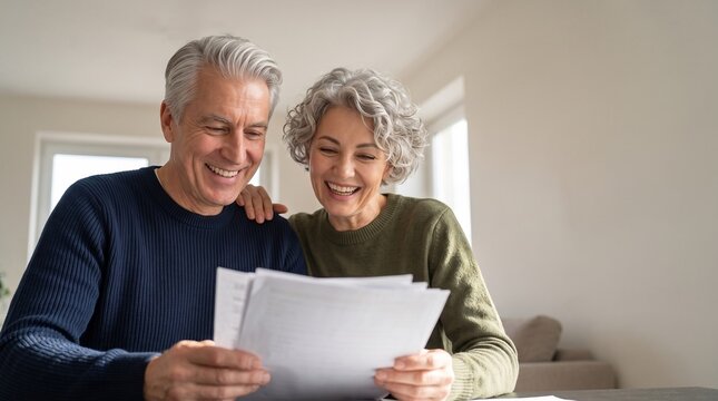 Smiling senior couple reviewing mortgage agreement or tax documents in bright cozy living room, happy retired family managing personal finance, bank loan paperwork and pension investment.