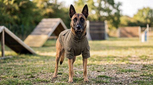 Belgian Malinois dog wearing a miniature military style uniform. Attentive canine in olive green tactical jacket standing on grass in an outdoor agility training course