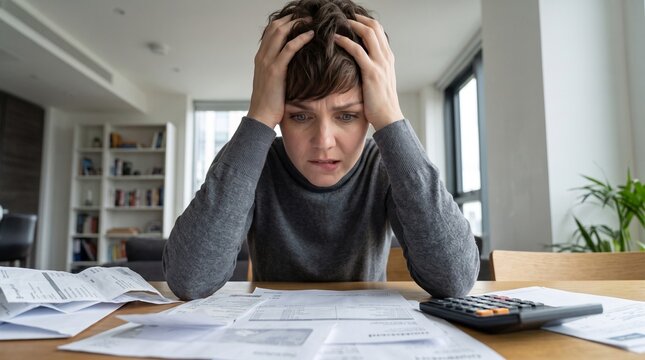 Stressed worried woman holding head sitting at desk with unpaid bills receipts calculator feeling overwhelmed by tax debt mortgage crisis financial problems budget deficit inflation pressure home.