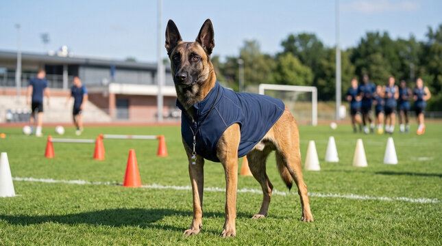Dog as sports coach training a team. Belgian Malinois wearing a blue athletic vest and whistle standing on a soccer field with athletes running drills in the background