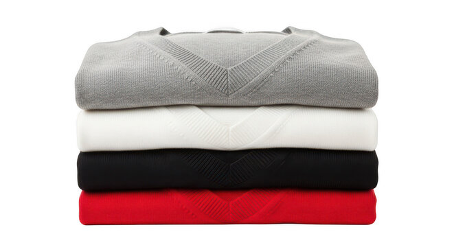 Stack of folded colorful winter sweaters isolated on transparent background